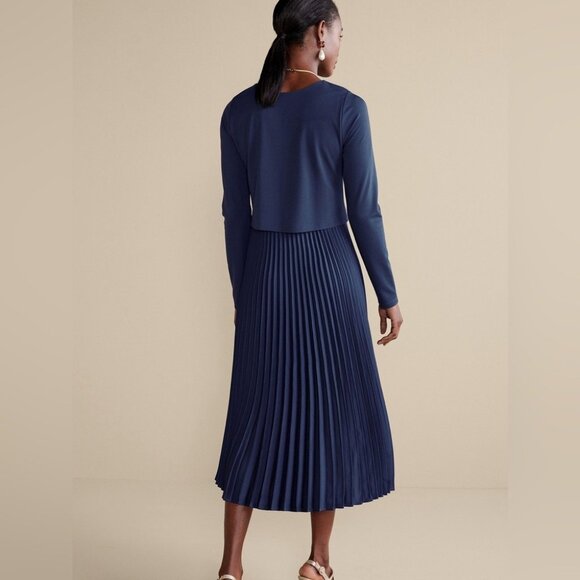 Soft surroundings Cassandra Dress Elegant Navy Pleated Midi Dress Large Casual - Picture 4 of 13